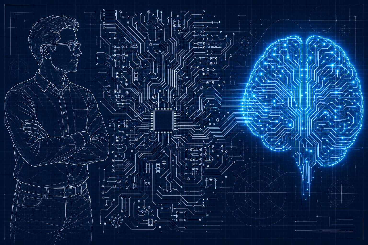 Engineer collaborating with an AI brain through an intricate circuit board